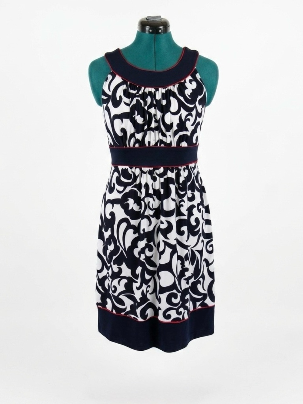 Enfocus Studio Navy, White & Pink Trim Printed Sleeveless Mini Dress